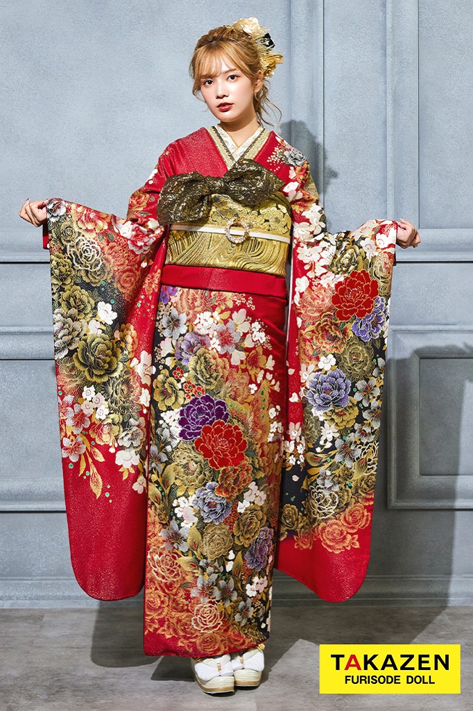 激安モード系 赤 牡丹柄 桂由美デザイン振袖 かっこいい セクシー 派手