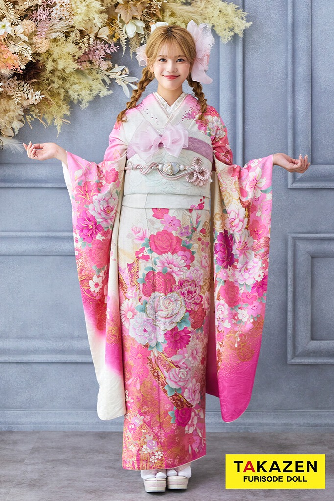 安い！キュート＆ガーリー 白ピンク 牡丹柄 桂由美デザイン振袖
