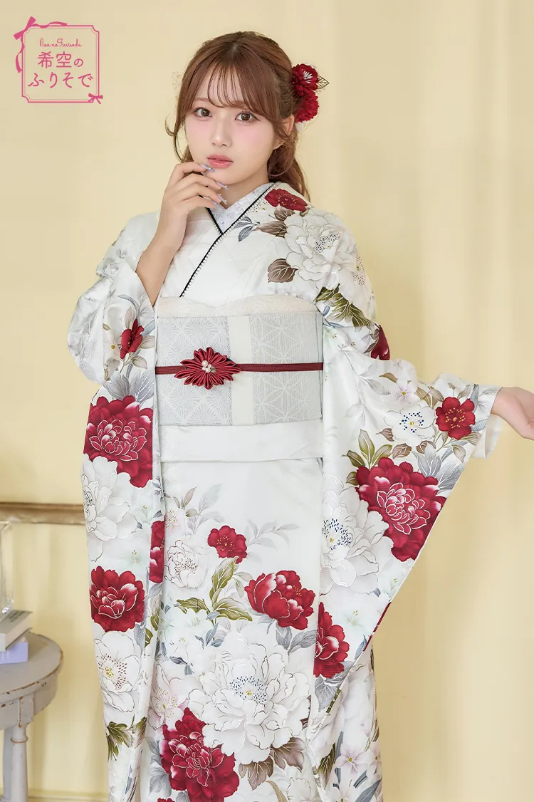 希空のふりそでネットレンタル 白/赤 牡丹柄 正統派古典 きれいめ