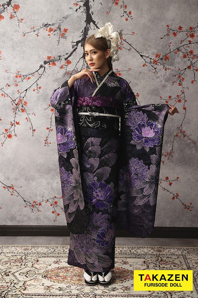 クール系モード 黒/紫 牡丹柄/大柄 派手 目立つ 豪華 キラキラ