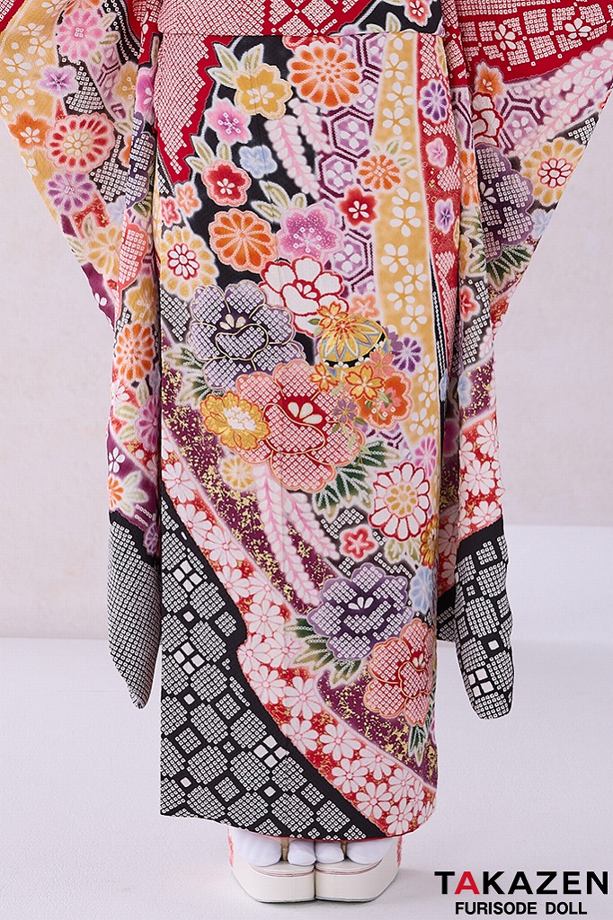 正統派古典 赤/黒 絞り風/毬柄 人気 はんなり 可愛い 高級振袖 金駒繍