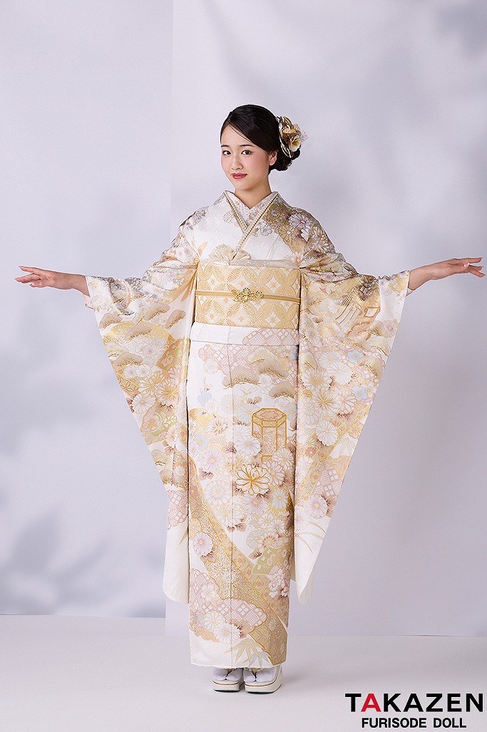 最高級古典柄振袖 関芳/最高級金彩刺繍友禅 白/金 レース 上品 正絹 桂