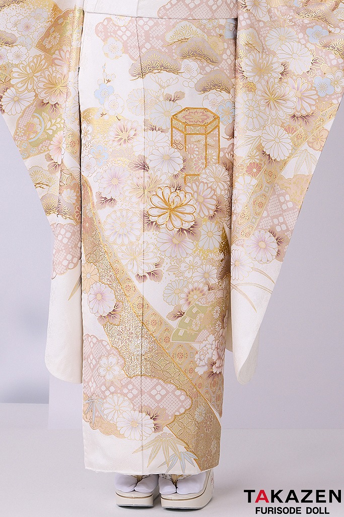 最高級古典柄振袖 関芳/最高級金彩刺繍友禅 白/金 レース 上品 正絹 桂