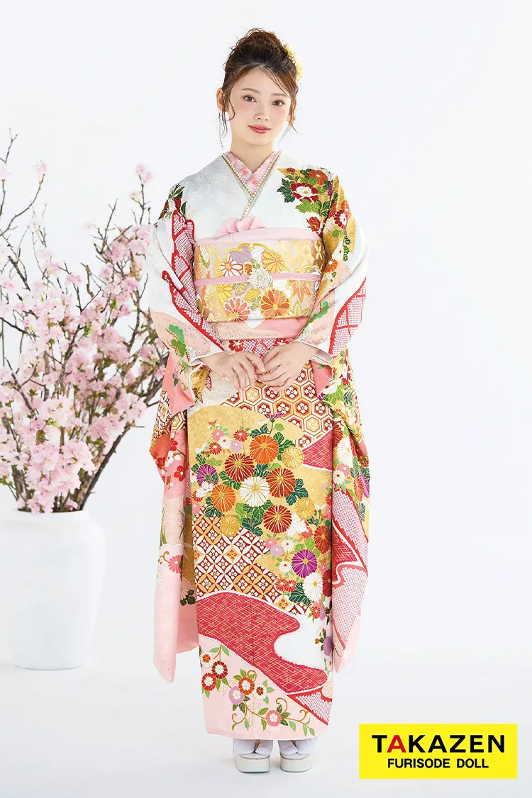 最高級古典柄振袖 吉澤織物/最高級染繍桶絞り友禅 サーモンピンク/白