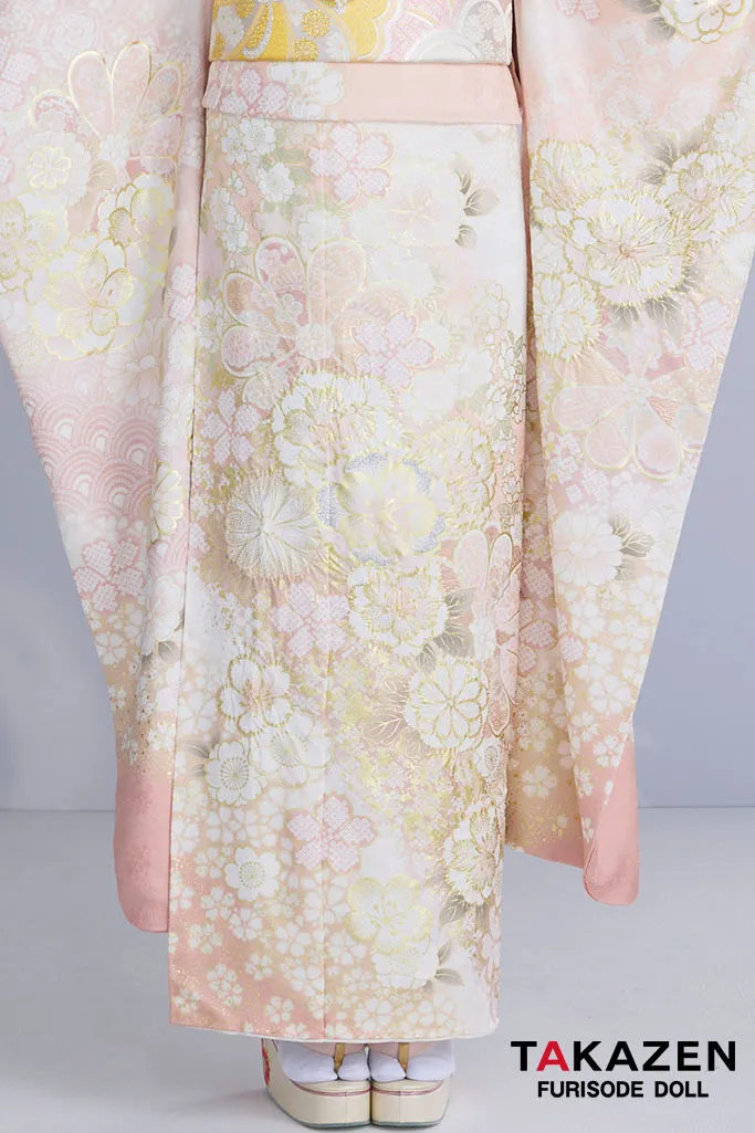 最新作高級古典 サーモンピンク 桜柄/鹿の子模様 関芳 最高級金彩刺繍