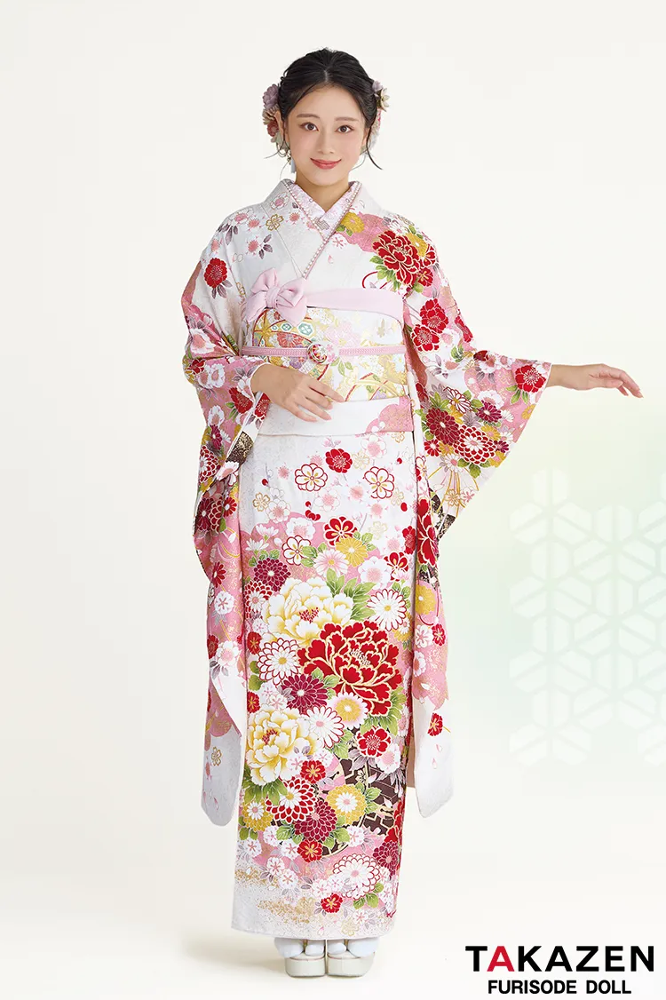 正統派古典 白ピンク 牡丹柄 かわいい振袖 金彩刺繍京友禅 女の子