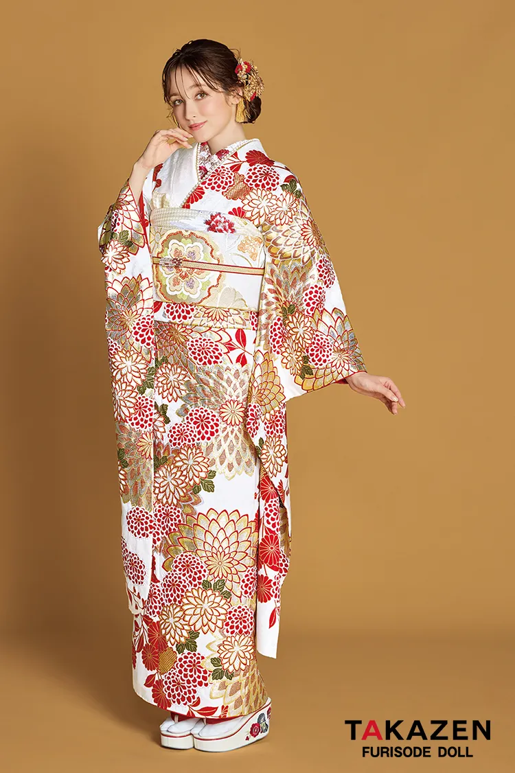 最高級古典柄振袖 滝泰/最高級金彩刺繍絞り友禅 白/金/茶 鞠柄/牡丹柄