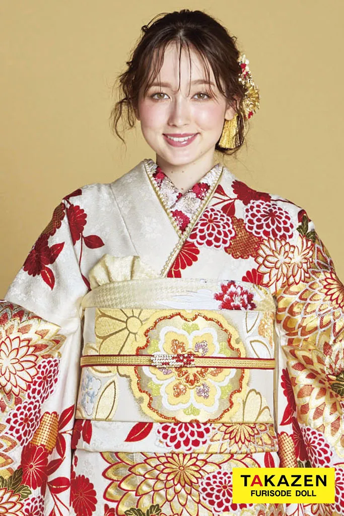 最高級古典柄振袖 滝泰/最高級金彩刺繍絞り友禅 白/金/茶 鞠柄/牡丹柄