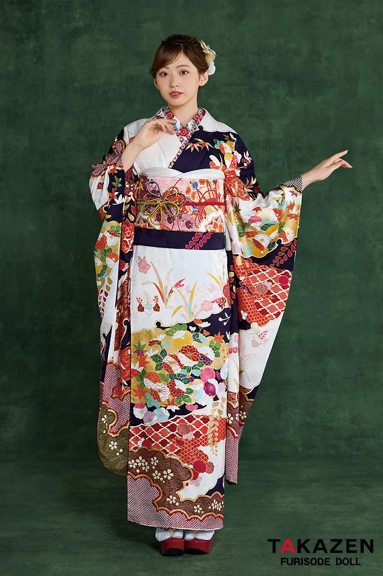 高級古典振袖 青柳/最高級絞り手描友禅 白/紺/赤 柄小さめ 高級古典