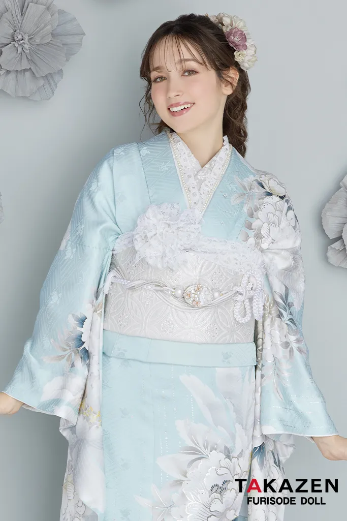 最新作くすみカラーエレガント 水色/アイスブルー 牡丹柄 爽やか は