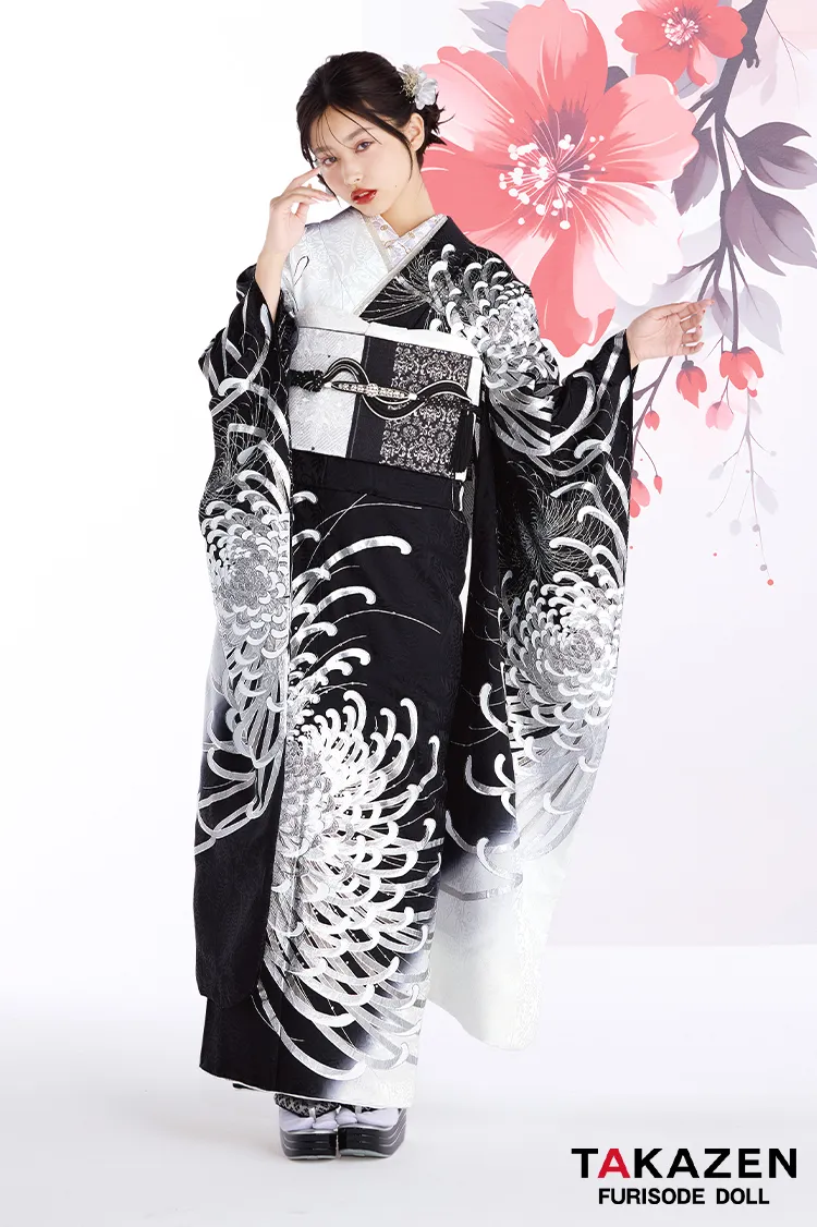 最新作粋古典 黒シルバー 乱菊柄/大柄 最高級金彩刺繍友禅 かっこいい