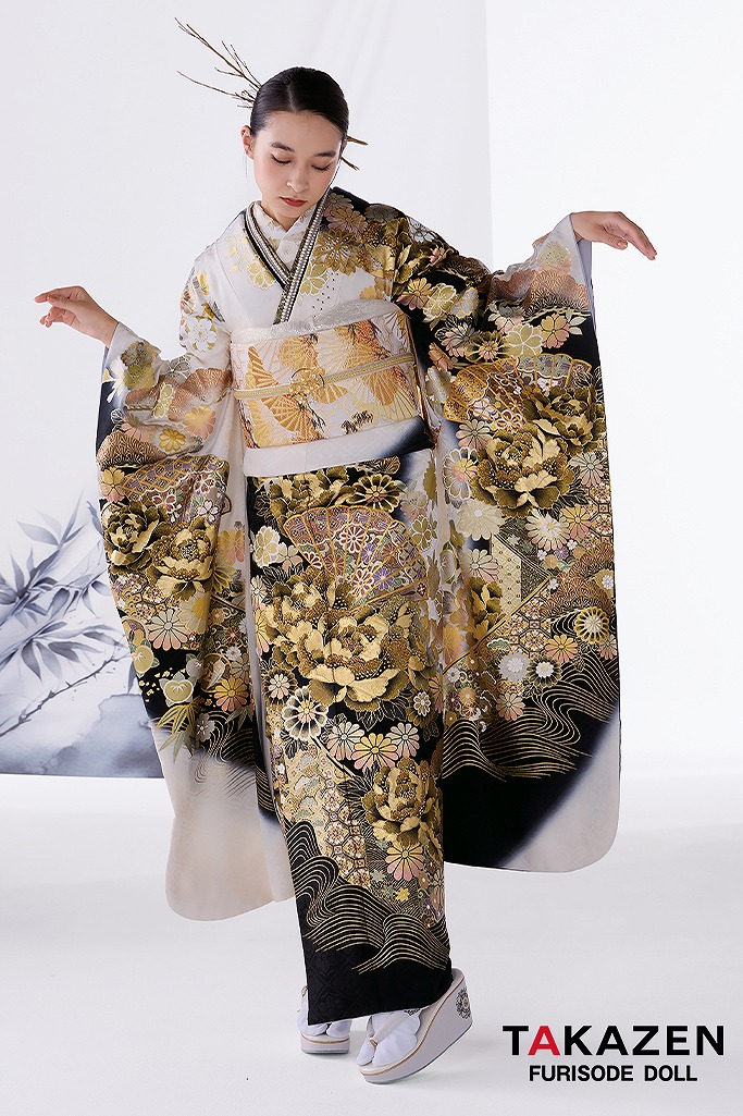 正統派古典 白/黒/ゴールド(金色) 牡丹柄 最高級 エレガント 金彩古典