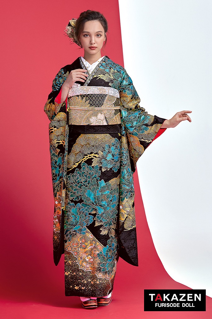 ジャパンモード 黒/金/緑 牡丹柄/和柄 渋い いかつい 豪華振袖