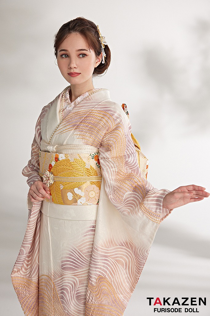 プレミアム古典 白ピンク 波模様 シンプル 大人っぽい 絞り振袖ネット