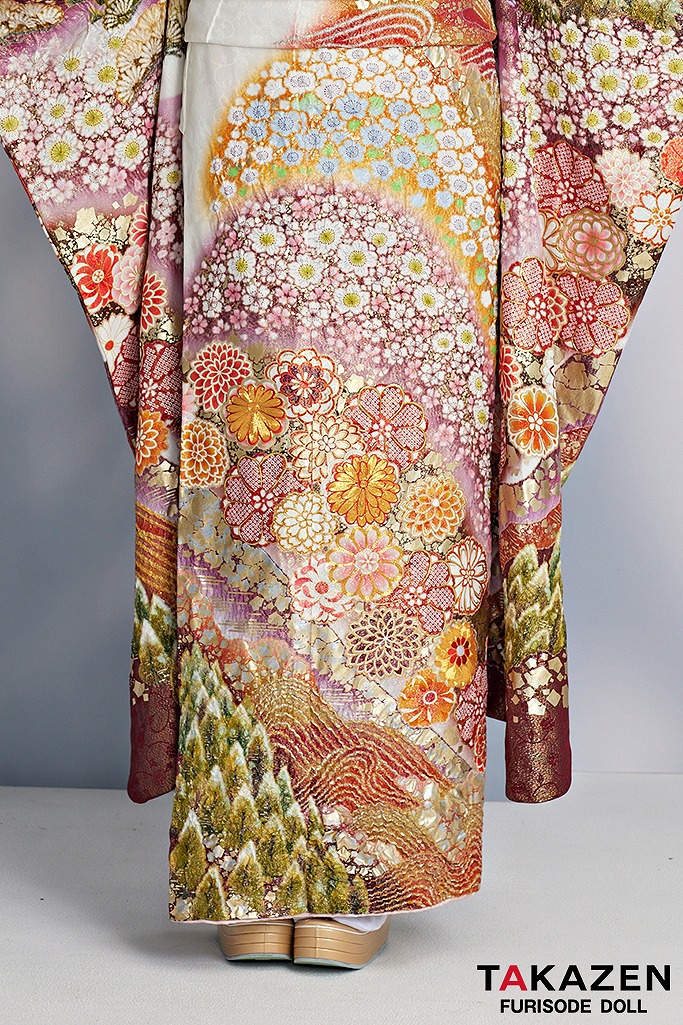 最高級古典柄振袖 関芳/最高級金彩刺繍絞り友禅 白/ボルドー 藤/桜/菊
