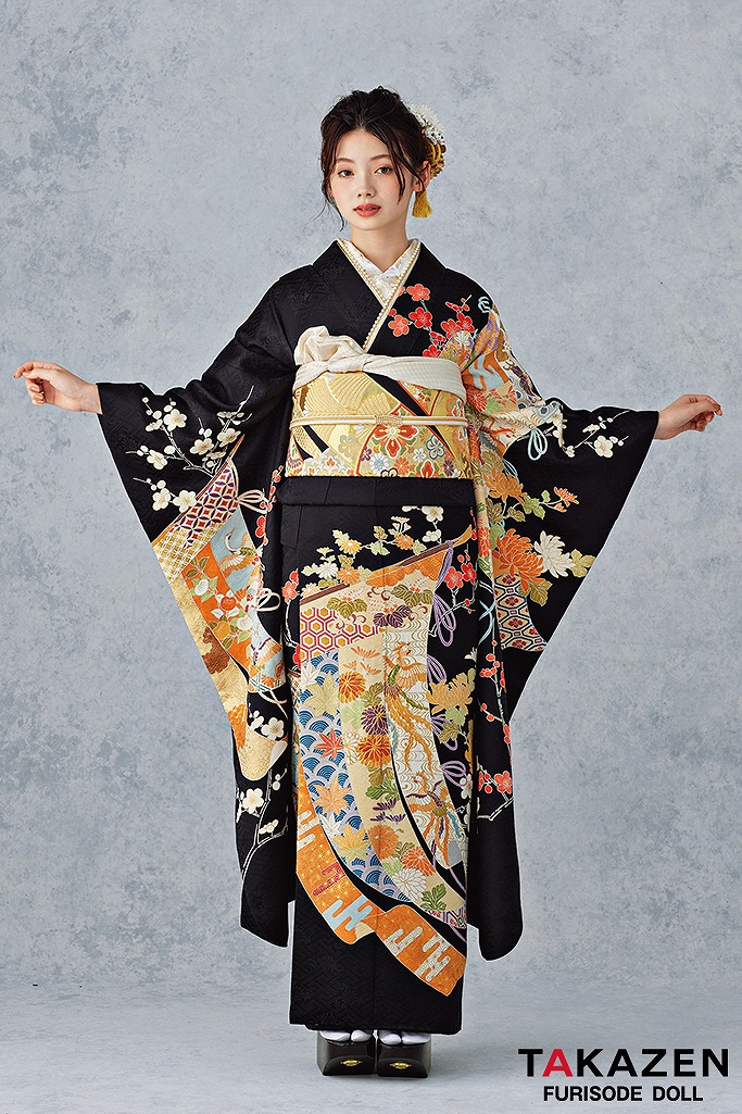 最高級古典柄振袖 千總/最高級金彩刺繍手描京友禅 黒/金 几帳柄/鳳凰柄