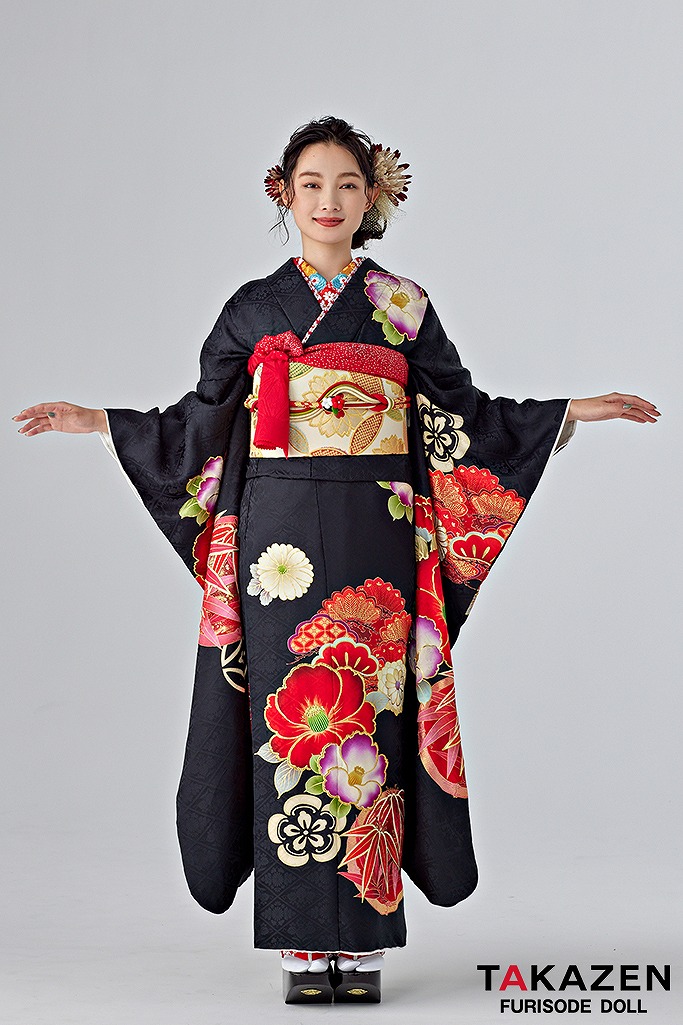 正統派古典 黒/赤 椿柄 シンプル かっこいい 大人っぽい振袖 新野尾
