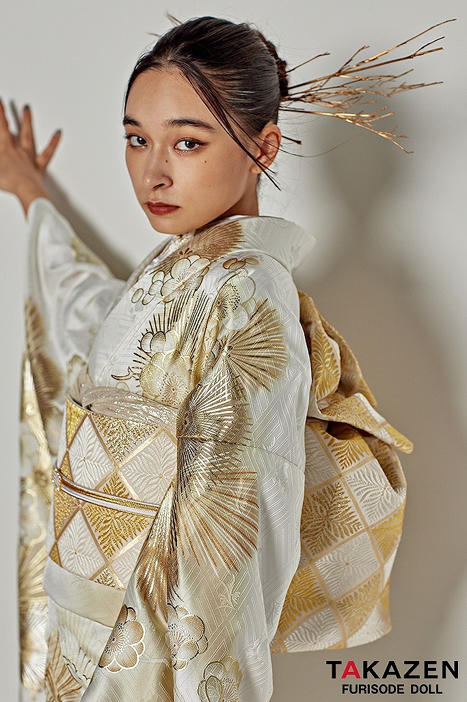 粋古典 白/金/ゴールド 鶴柄/針松 シック かっこいい 大人っぽい 金彩