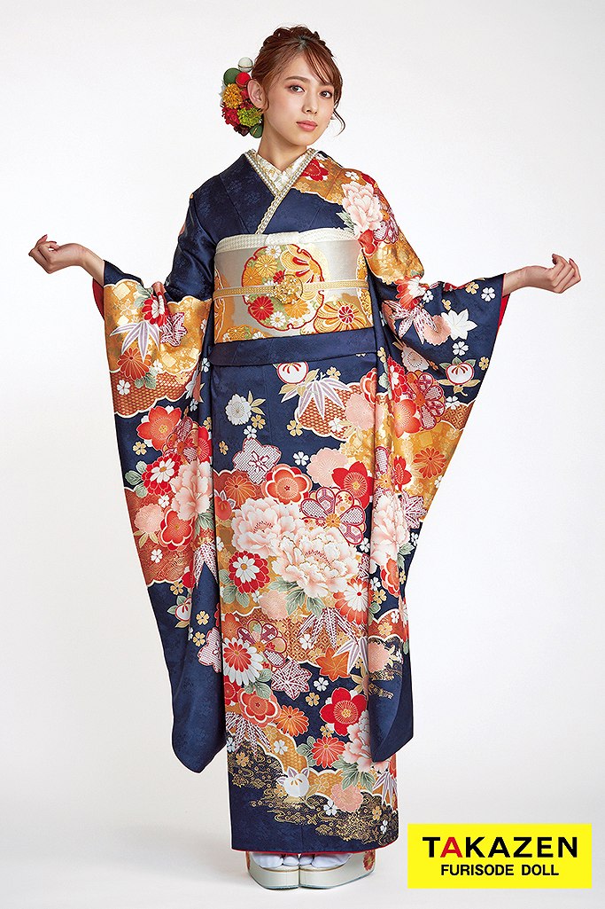 正統派古典 紺/ゴールド(金色) 牡丹柄 はんなり 上品 ネイビー振袖