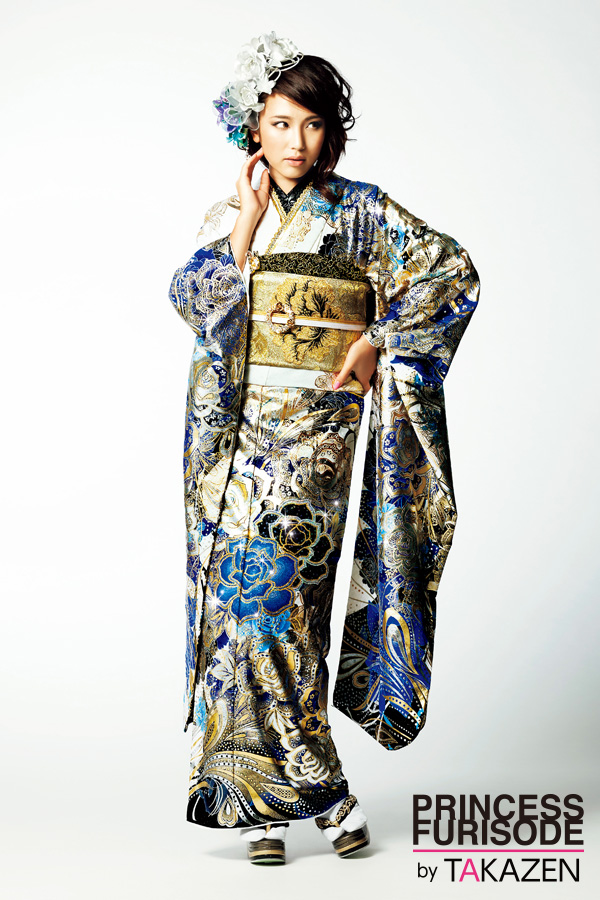 モード 白/ブルー(青)/金 薔薇柄 派手 かっこいい振袖ネットレンタル
