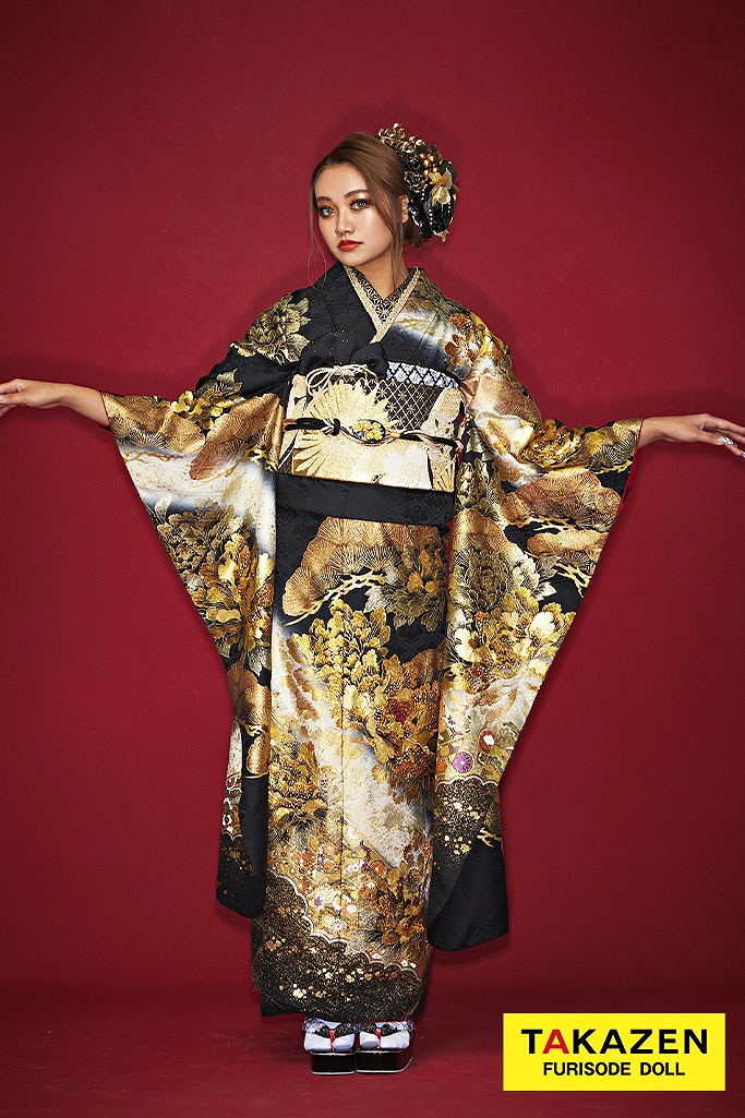 正絹振袖フルセット☆金駒刺繍☆大輪花紋様☆オレンジ色 - メルカリ