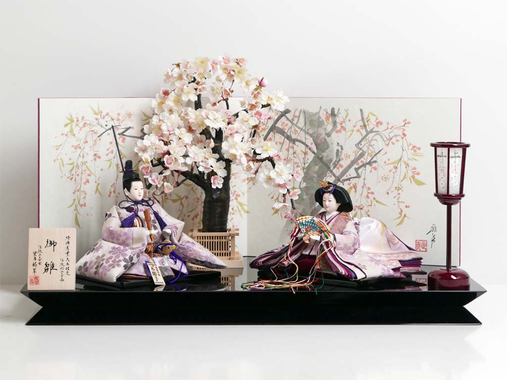 落ち着いた淡い紫桜衣装の雛人形手描き桜屏風大桜親王飾りが安い