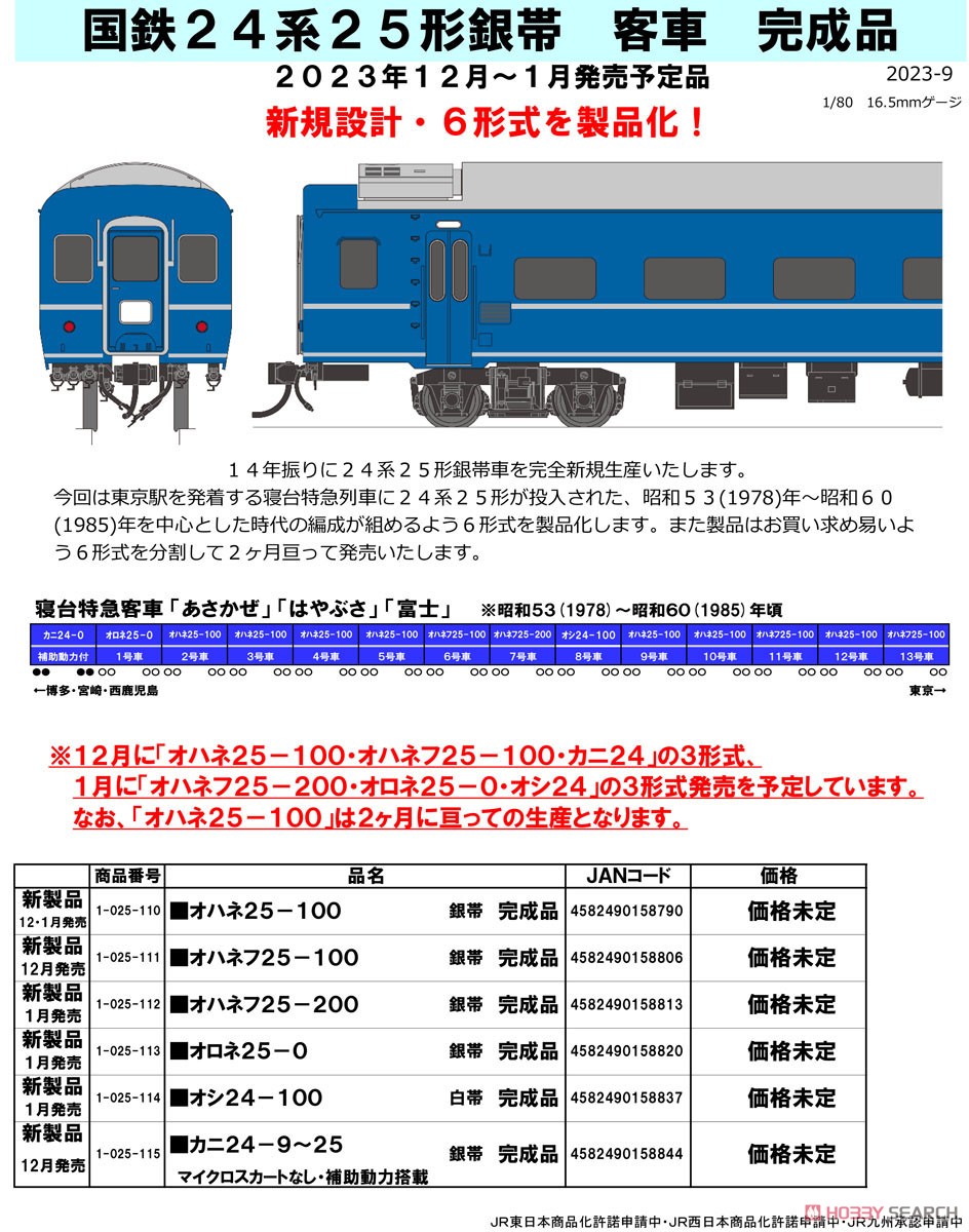 16番(HO) 国鉄 24系25形客車 銀帯車 完成品 オシ24-100 白帯 (塗装済み