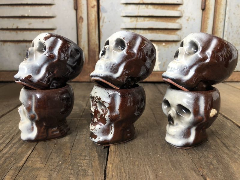 50s Vintage JAPAN Skull Poison Bottle Decanter Shot Glass SET