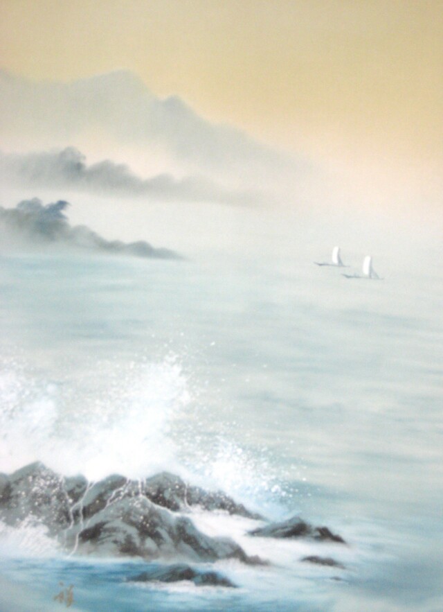 特価軸】掛け軸 彩色山水(夏の海の風景)◇田中祥堂 (真筆・新品) 共箱