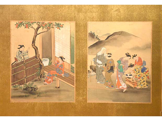 肉筆浮世絵 12ケ月12枚貼り 二枚折屏風 | 古美術ささき