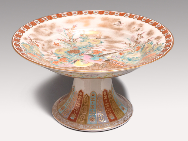 明治期 オールド香蘭社 金彩色絵雉に秋草図台皿 日肥山深川製 | 古美術