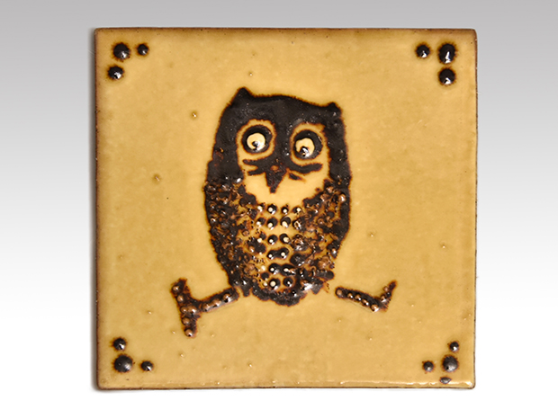 舩木研児(作) 陶板額装 「梟、ミミズク」 共箱 布志名焼 スリップ