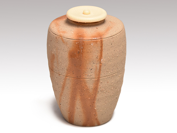 備前 火襷 肩衝茶入 木村陶峰（作） 共箱 牙蓋 仕覆（唐草文モール）未