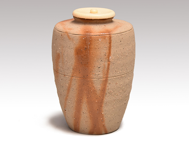 備前 火襷 肩衝茶入 木村陶峰（作） 共箱 牙蓋 仕覆（唐草文モール）未