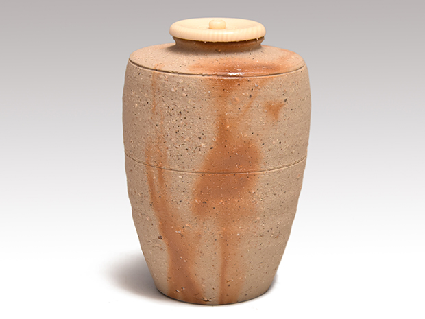 備前 火襷 肩衝茶入 木村陶峰（作） 共箱 牙蓋 仕覆（唐草文モール）未