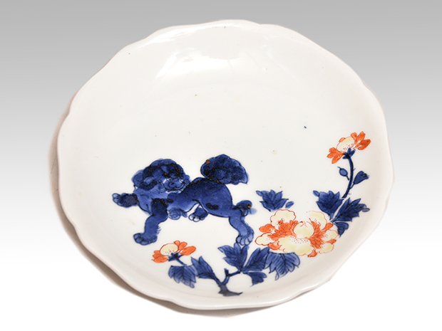 古伊万里（古九谷様式）色絵唐獅子牡丹文小皿5枚 時代箱 江戸時代中期