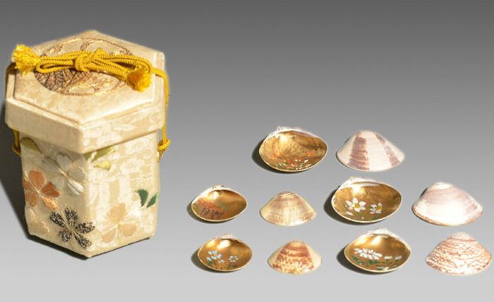 ミニチュア 貝合わせ 貝桶(六角刺繍入り) 5個入 | 古美術ささき