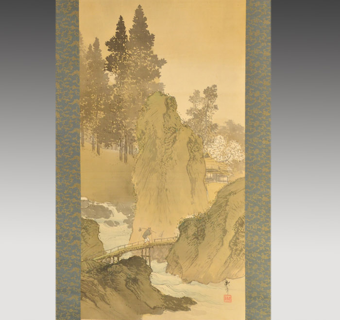 掛軸 田中頼章(画) 絹本彩色 「春景山水図」 共箱 | 古美術ささき