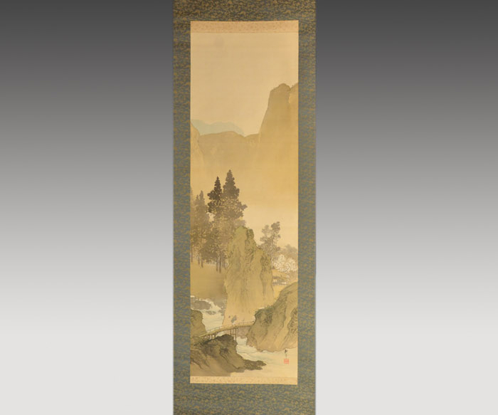 掛軸 田中頼章(画) 絹本彩色 「春景山水図」 共箱 | 古美術ささき