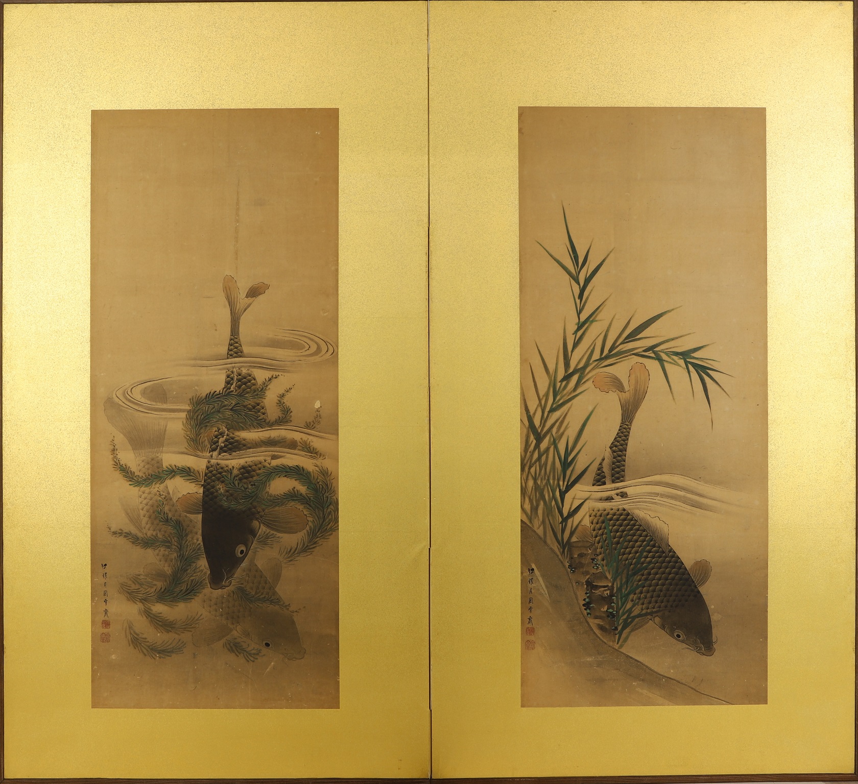 月岡雪斎 鯉画貼交屏風 本間 二曲一双 | 古裂會 (こぎれかい)