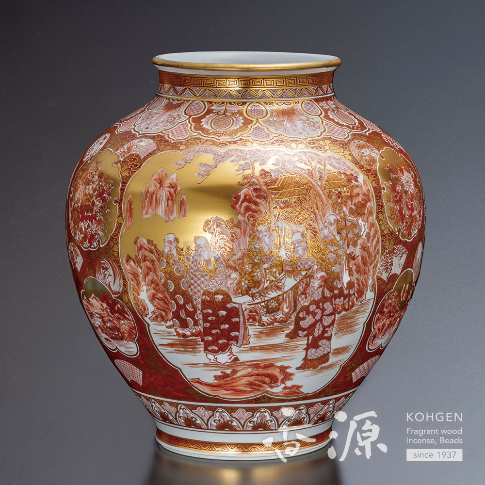 NA3424 九谷焼 加賀赤絵 丼 鉢 金彩 赤絵 共箱 名工 風景 花瓶 NA3424