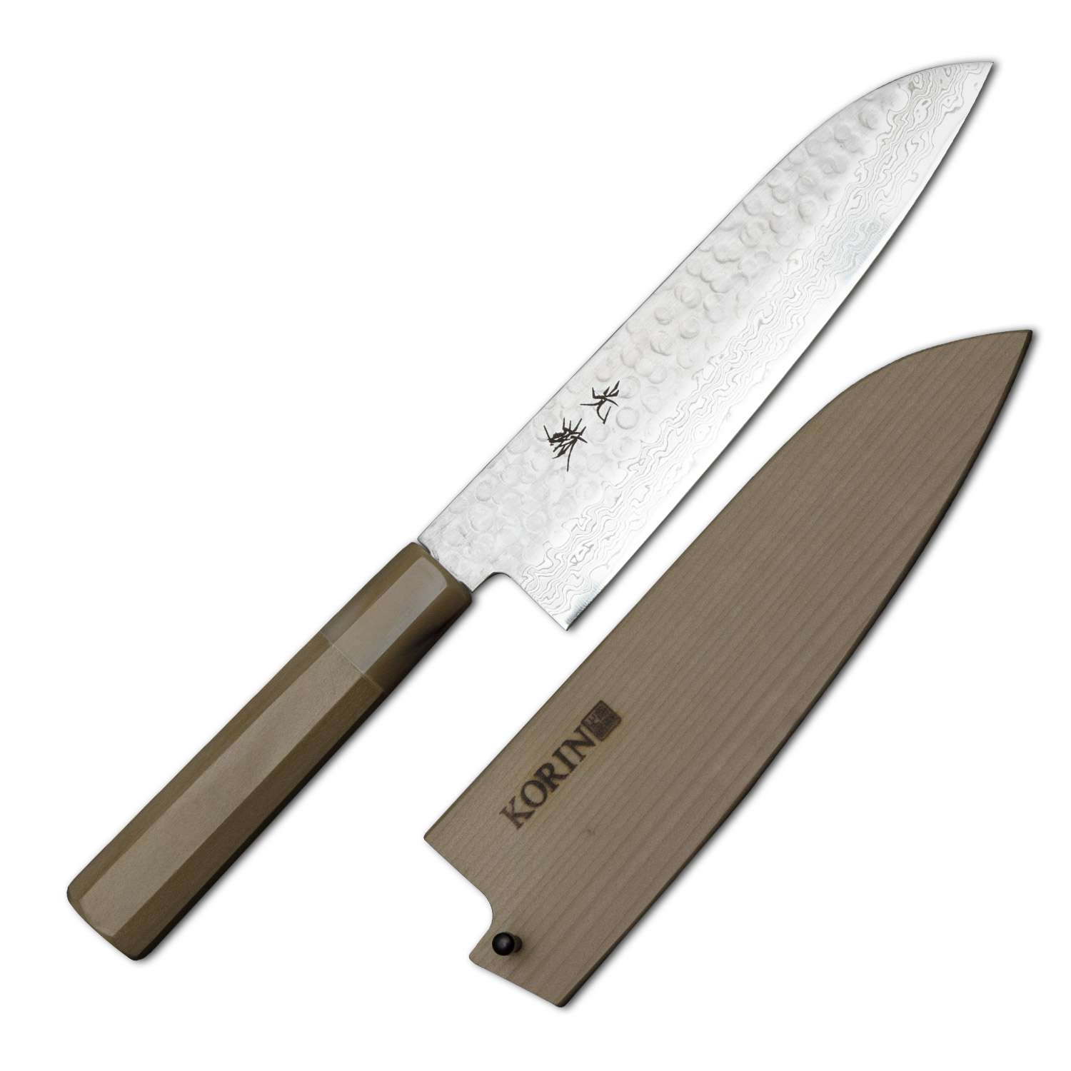Korin Hammered Damascus Wa-Santoku with Saya 7.0