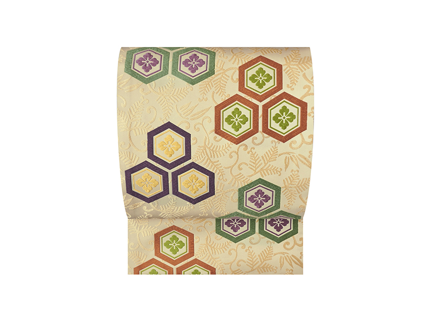 有職文様「亀甲菱に羊歯文」二陪織袋帯 「有職織物」人間国宝 喜多川俵