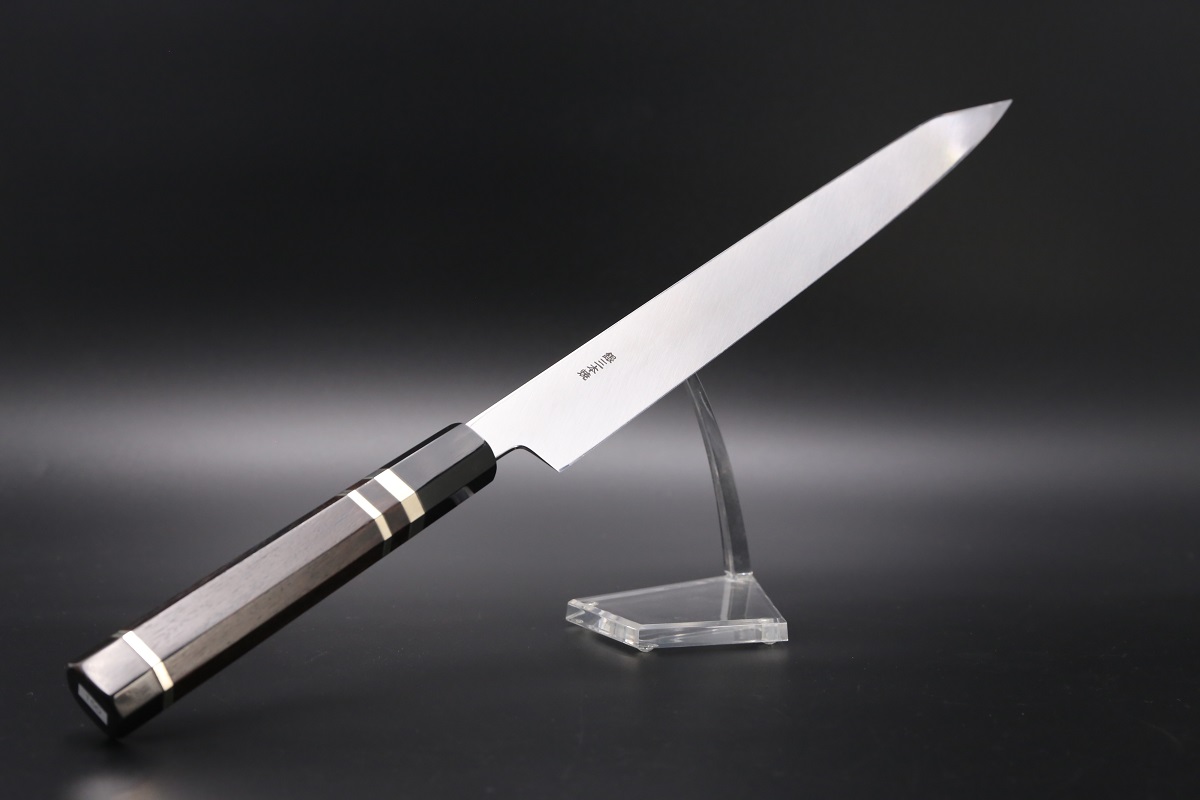 柳刃包丁 ステンレス製 約30cm 鞘付き 本焼き波紋あり。材質不明 柳刃
