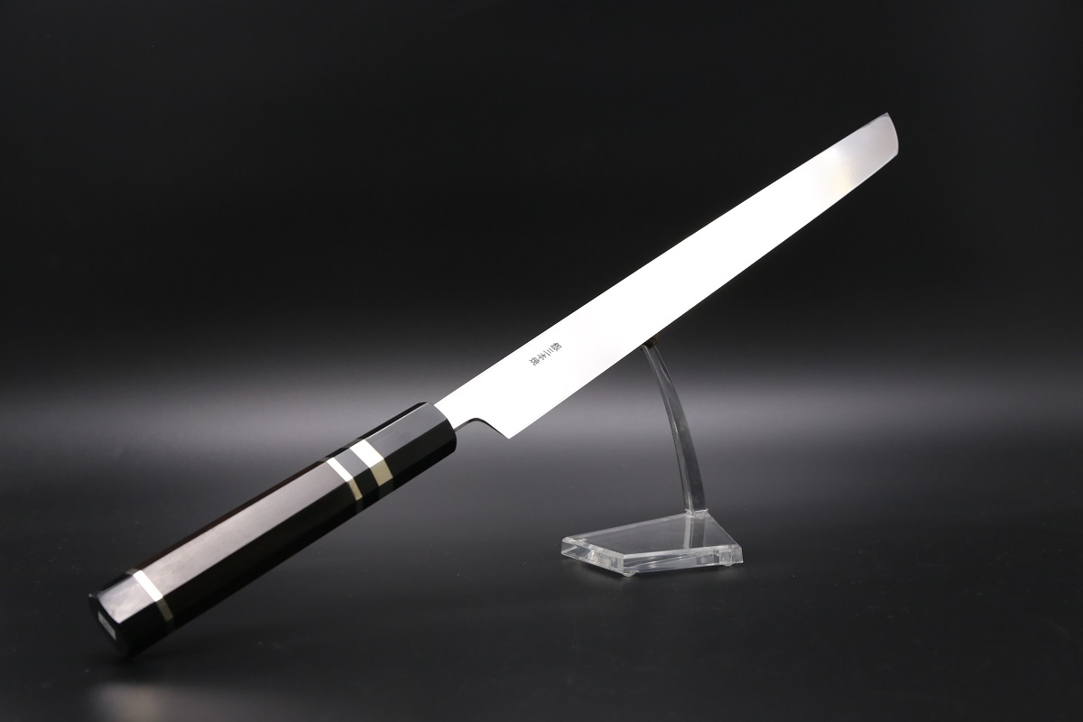 先丸蛸引 銀三本焼 300mm 平鏡面 黒檀柄 鞘付き【左利き用】-歌舞伎ナイフ