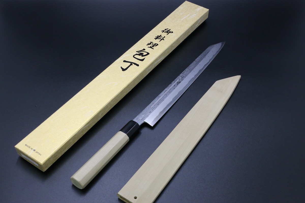 切付柳刃 青一鋼 300mm ダマスカス 墨流し 血流し入り 鞘付き 中川悟志