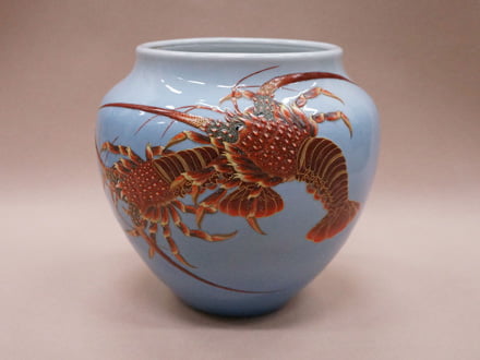 青海色釉彫刻海老図花瓶｜吉兆庵美術館