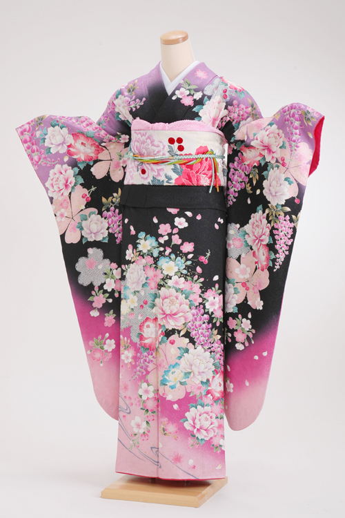 正絹・振袖レンタル【姉妹・友人向け】140104 黒 黒肩紫 ピンク花
