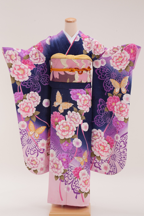 正絹・振袖レンタル【姉妹・友人向け】140118 紺紫 牡丹と蝶