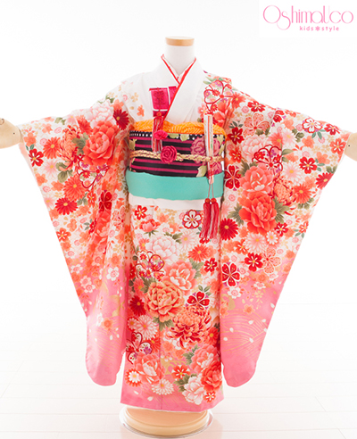 七五三 着物 レンタル 7歳 四つ身セット 320082 OshimaUco 白ピンク 帯